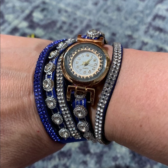 paparazzi Accessories - Paparazzi Blue and Silver bling clear and cobalt crystal faux suede Watch